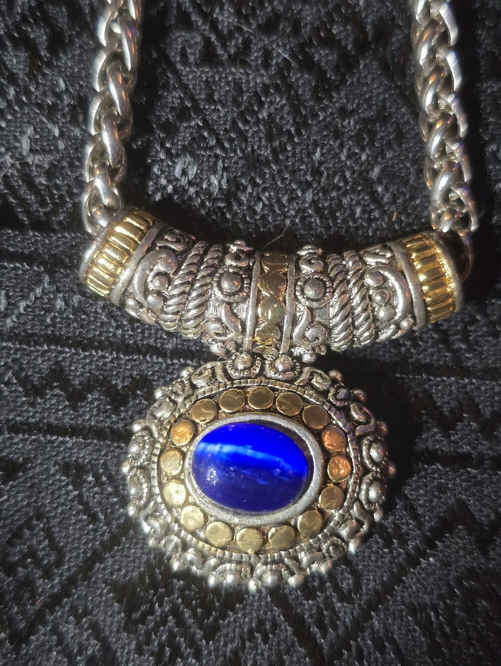 Sterling-Style Silver/gold tone Tribal Necklace with Blue Stone Pendant